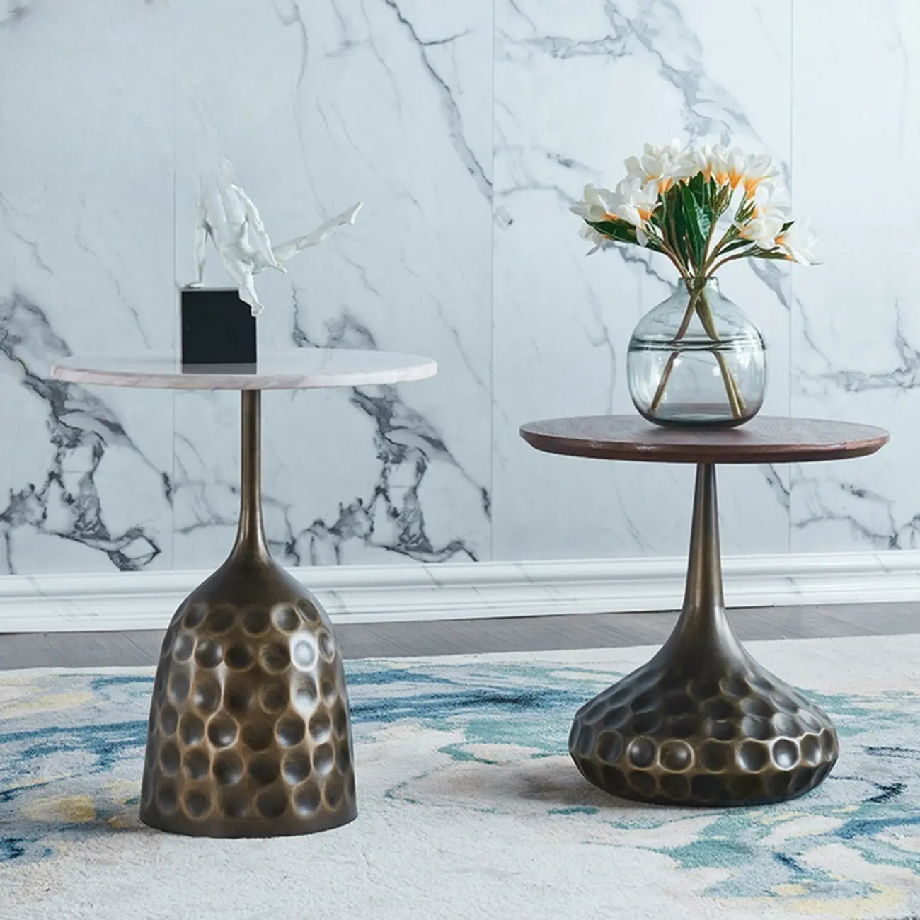 Traditional Marble and Wood Round End Table with Steel Base Image - 1 | homeyfad