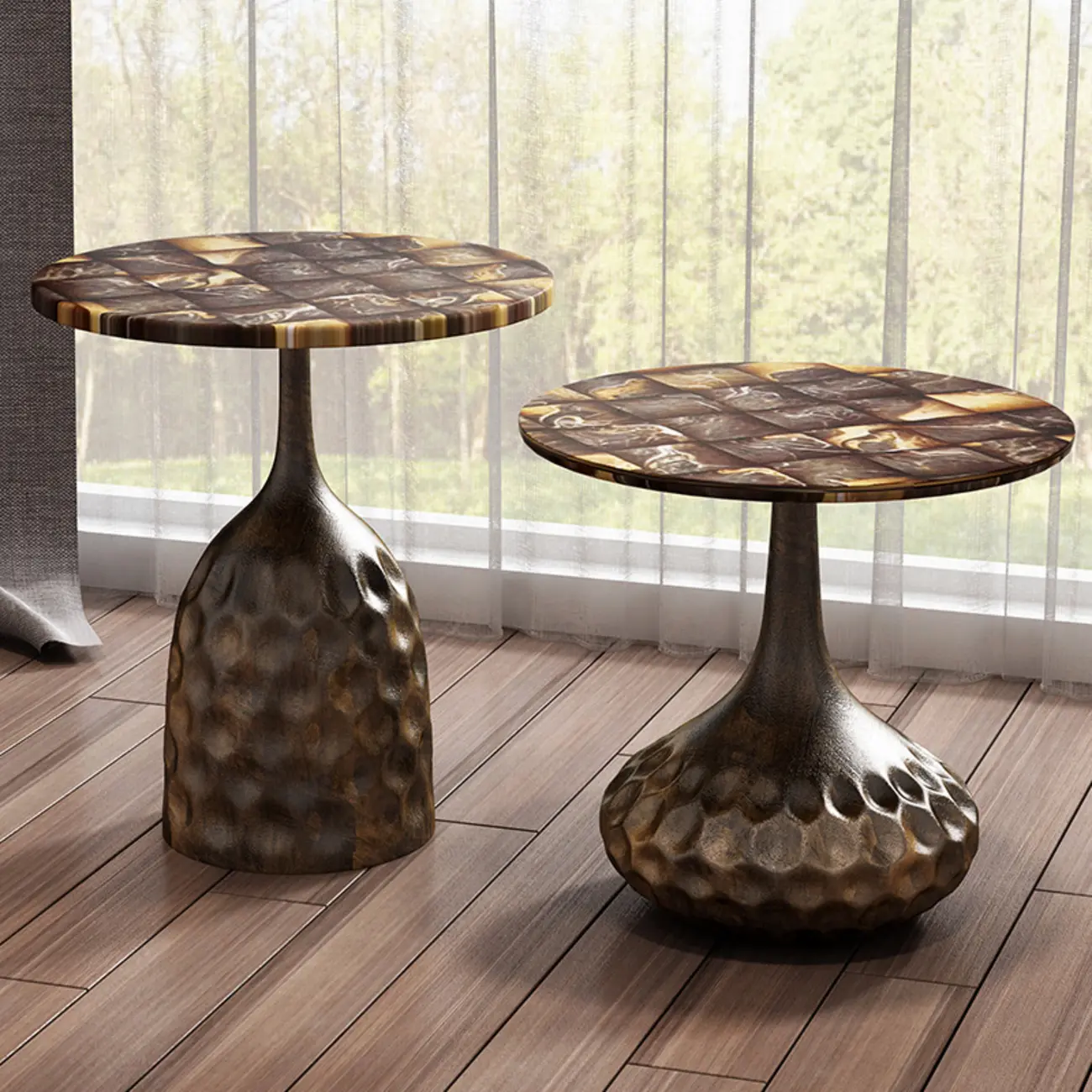 Traditional Marble and Wood Round End Table with Steel Base Image - 2 | homeyfad