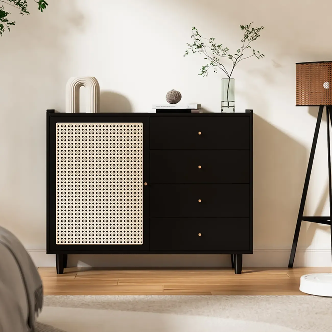 Modern Black Wood Rattan Storage Cabinet for Living Room Image - 2