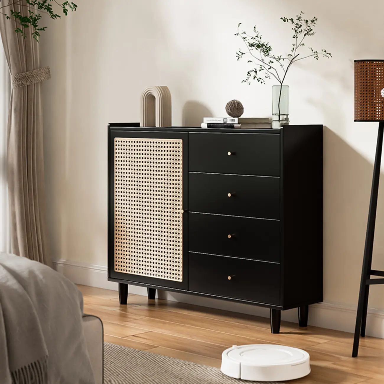Modern Black Wood Rattan Storage Cabinet for Living Room Image - 1 | homeyfad