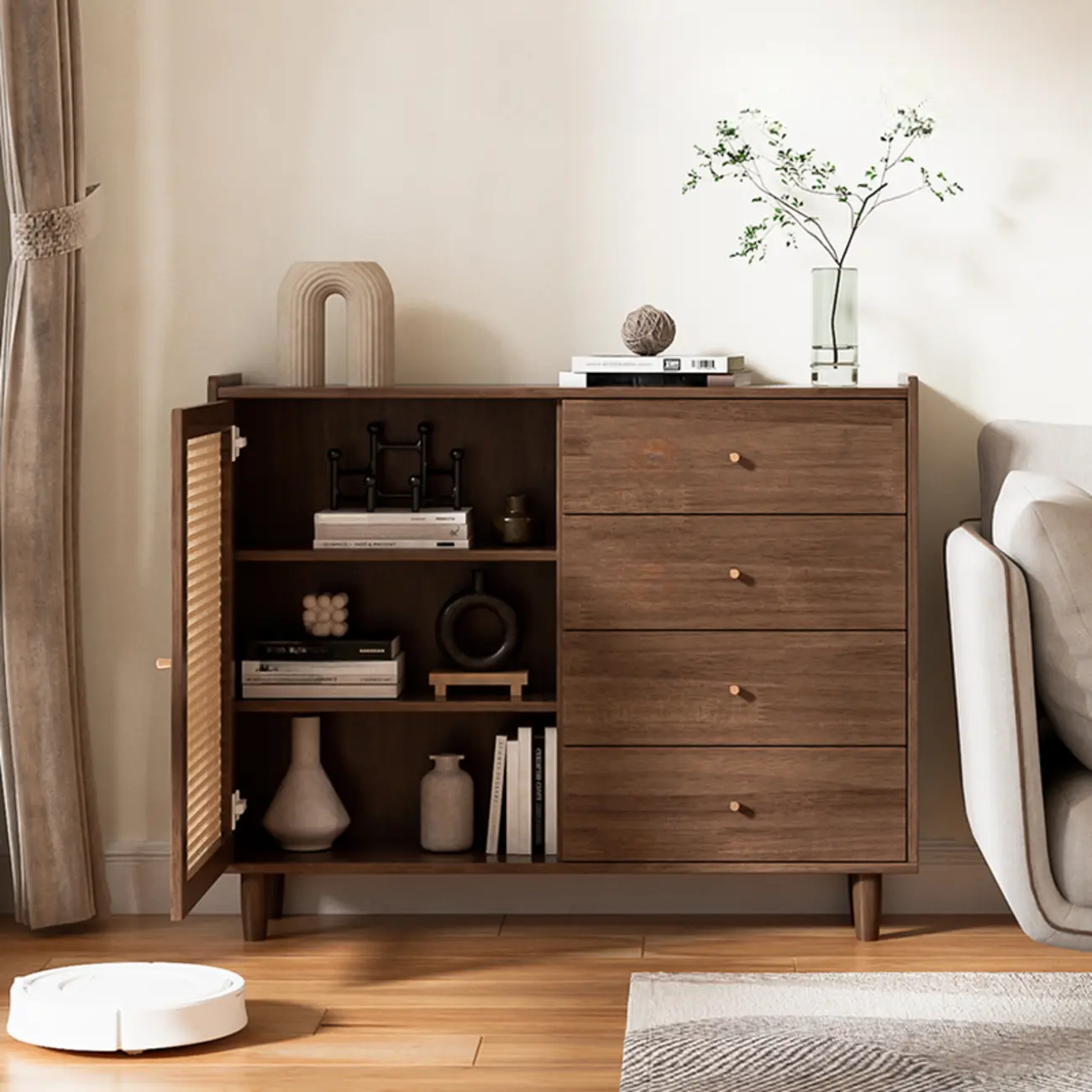 Modern Black Wood Rattan Storage Cabinet for Living Room Image - 6 | homeyfad