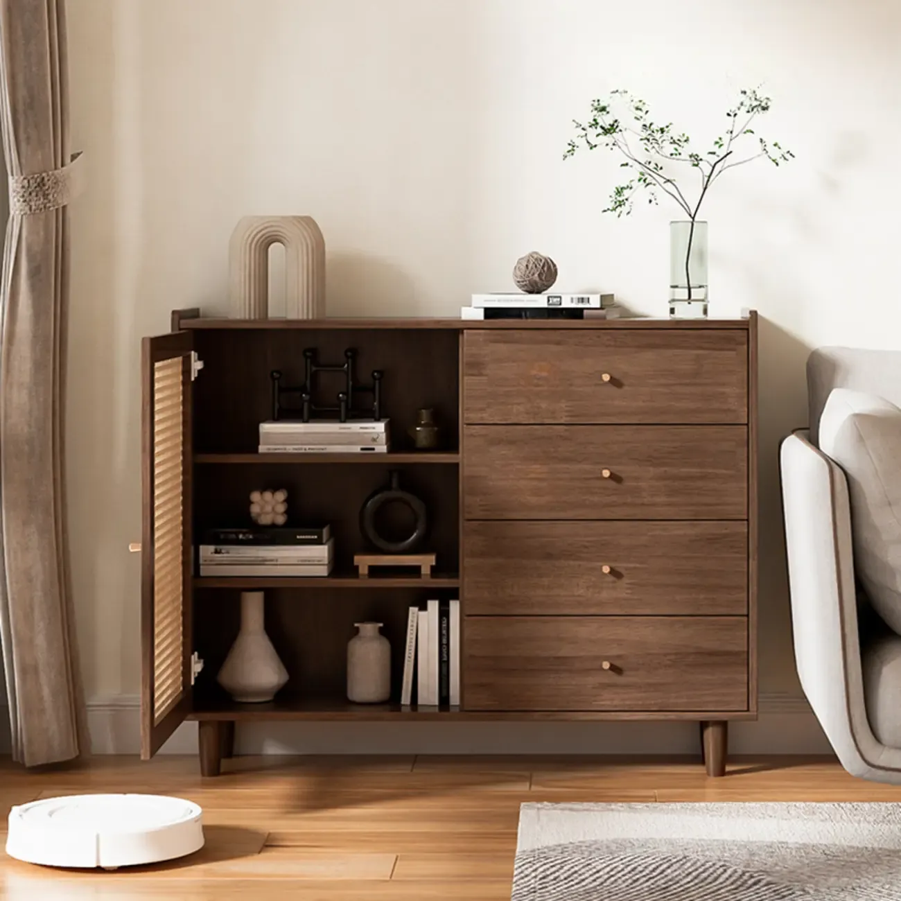 Modern Black Wood Rattan Storage Cabinet for Living Room Image - 6