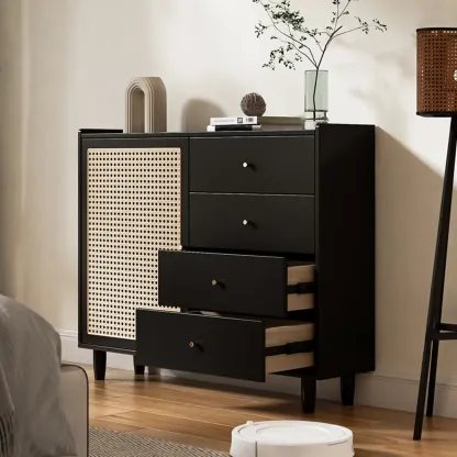 Modern Black Wood Rattan Storage Cabinet for Living Room Image - 8