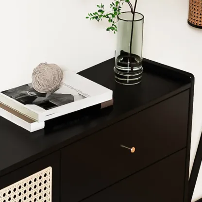 Modern Black Wood Rattan Storage Cabinet for Living Room Image - 10