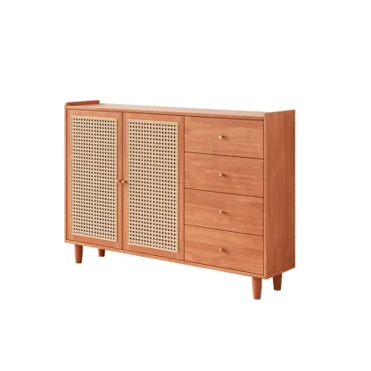 Modern Black Wood Rattan Storage Cabinet for Living Room Image - 11