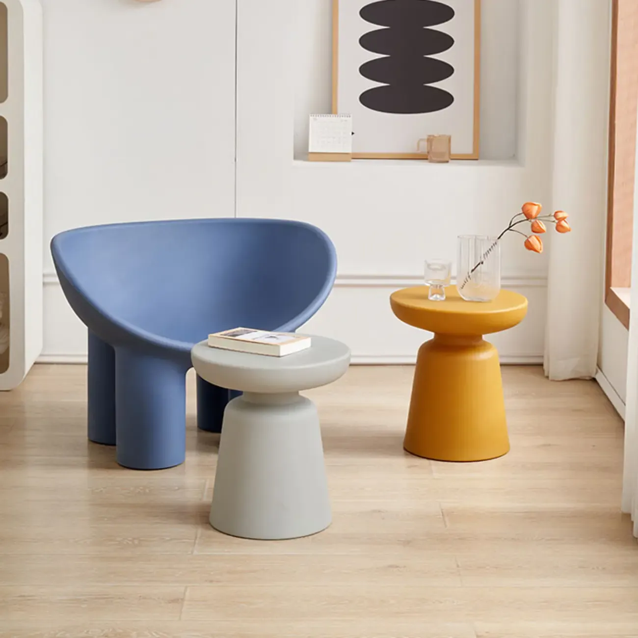 Modern Round Acrylic Side Table with Drum Base for Living Room Image - 3