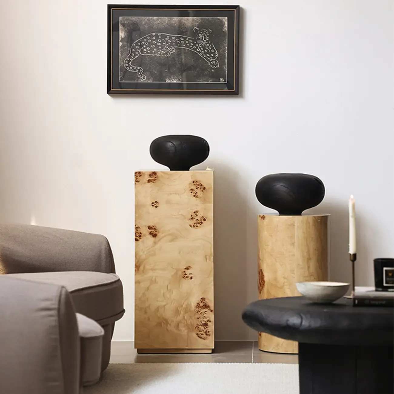 Classic Light Wood Cylinder Side Table with Block Base for Home Image - 2