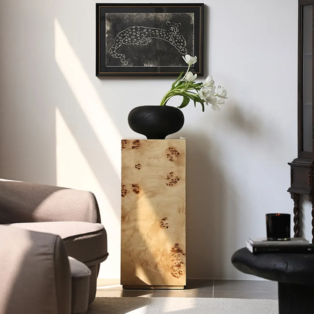 Classic Light Wood Cylinder Side Table with Block Base for Home Image - 6