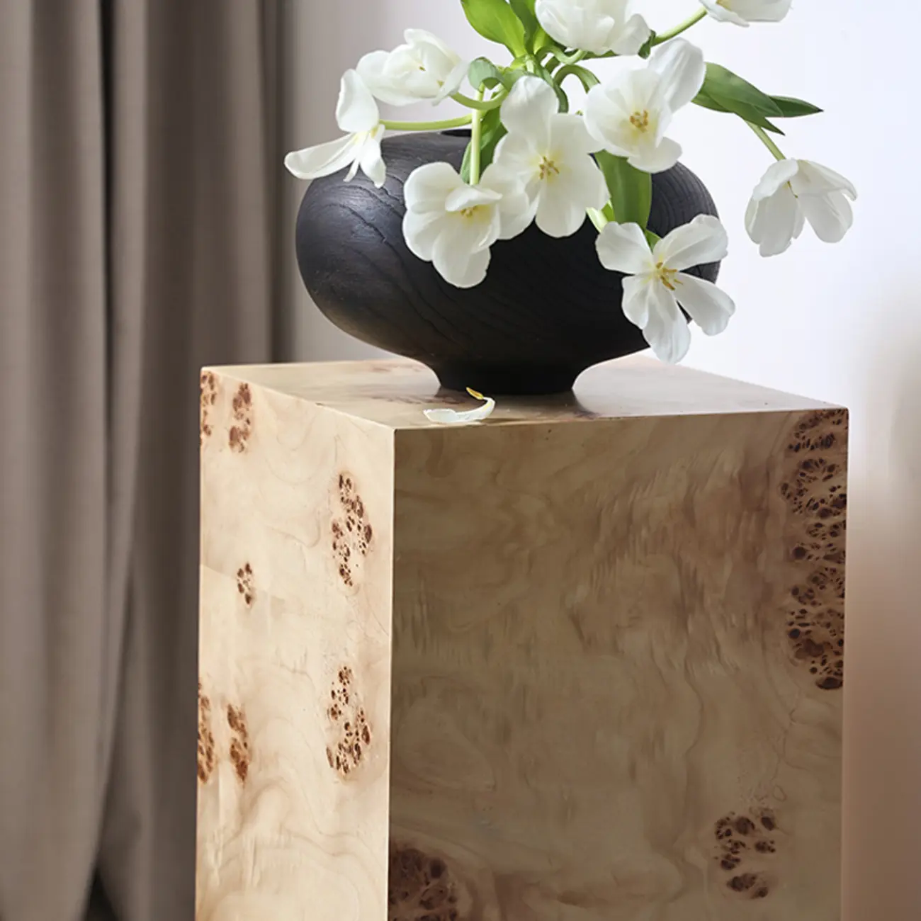 Classic Light Wood Cylinder Side Table with Block Base for Home Image - 3 | homeyfad