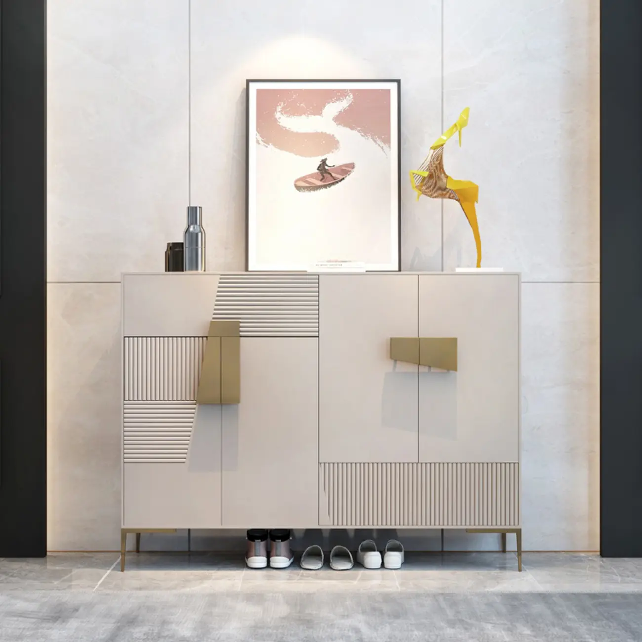 Elegant Fluted Entryway Shoe Cabinet with Drawer Image - 3 | homeyfad