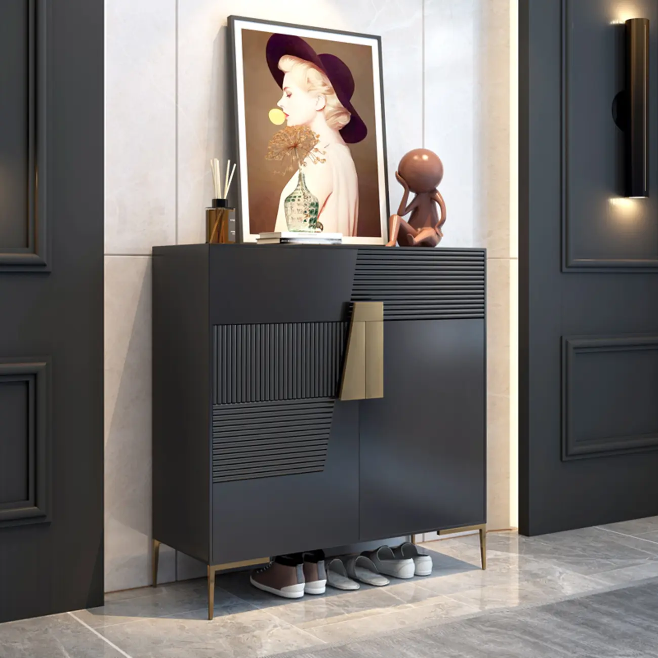 Elegant Fluted Entryway Shoe Cabinet with Drawer Image - 1 | homeyfad