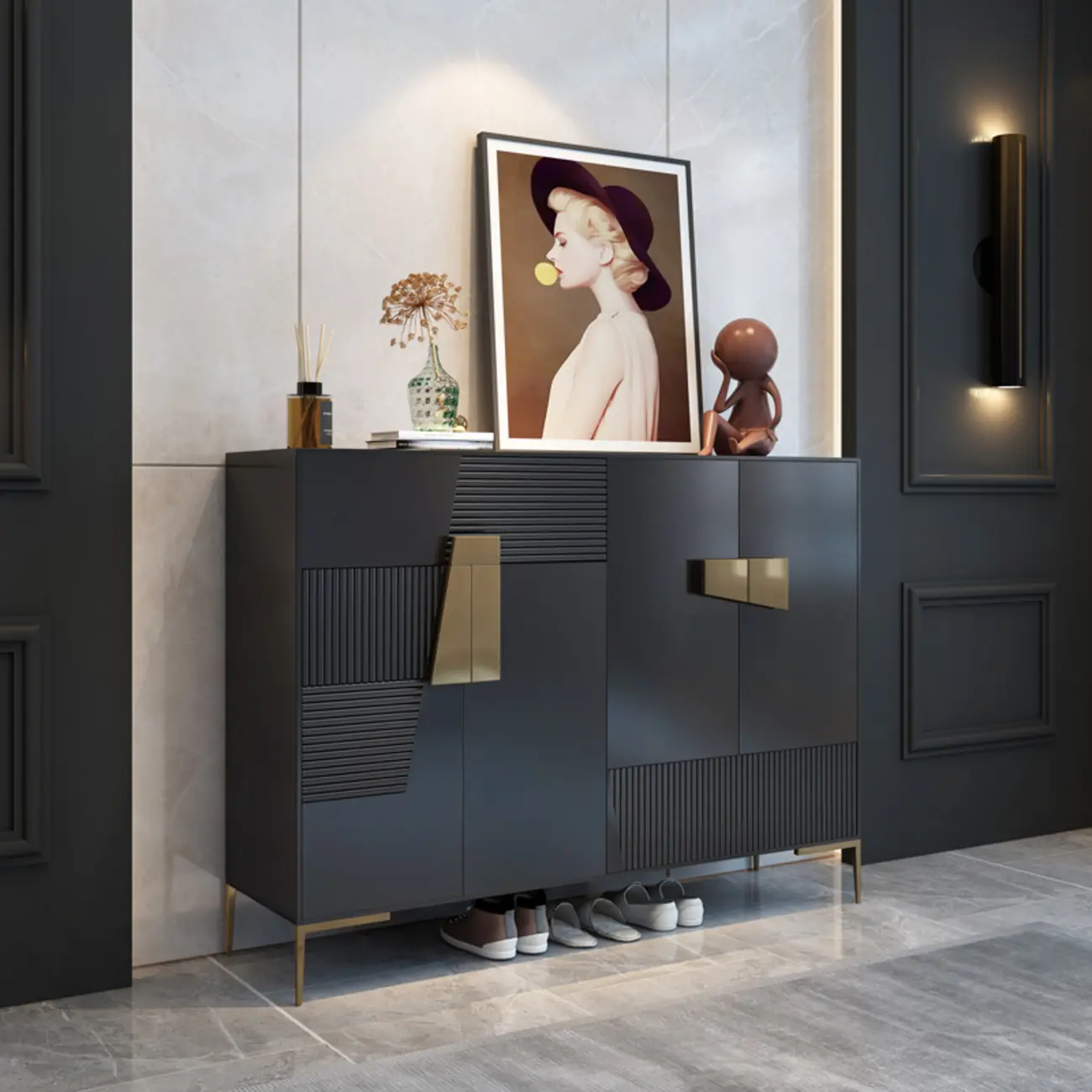 Elegant Fluted Entryway Shoe Cabinet with Drawer Image - 5 | homeyfad