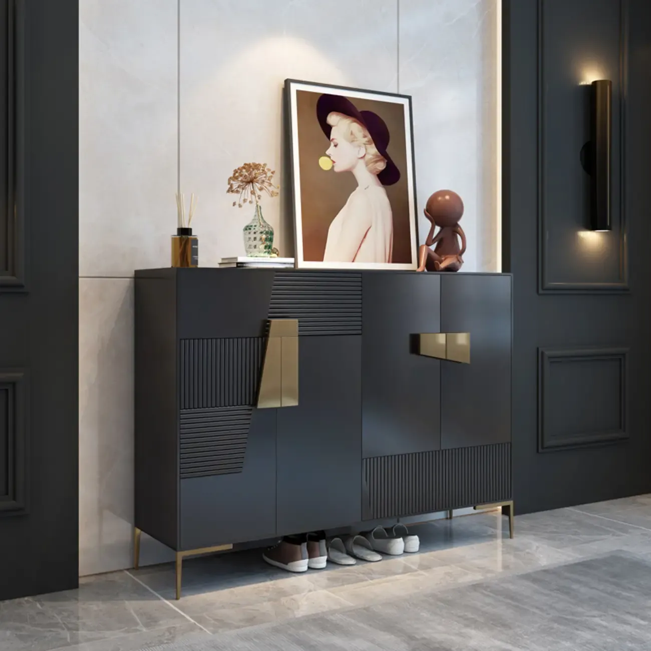 Elegant Fluted Entryway Shoe Cabinet with Drawer Image - 5