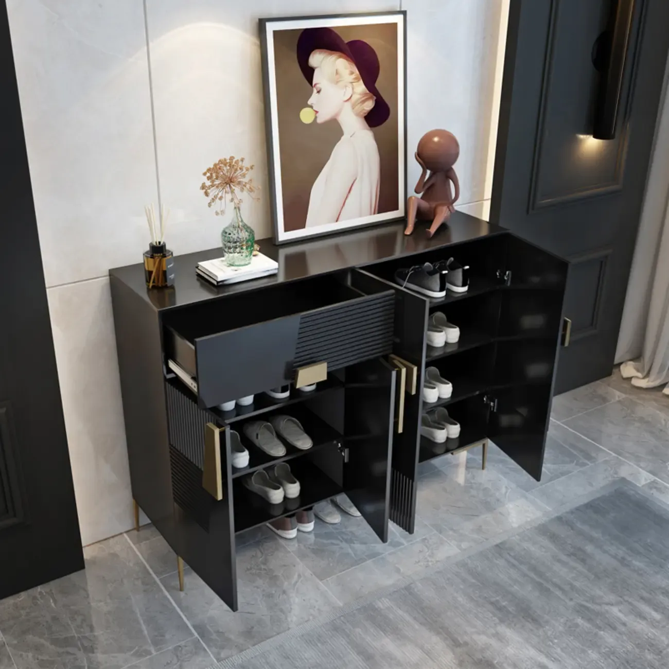 Elegant Fluted Entryway Shoe Cabinet with Drawer Image - 2