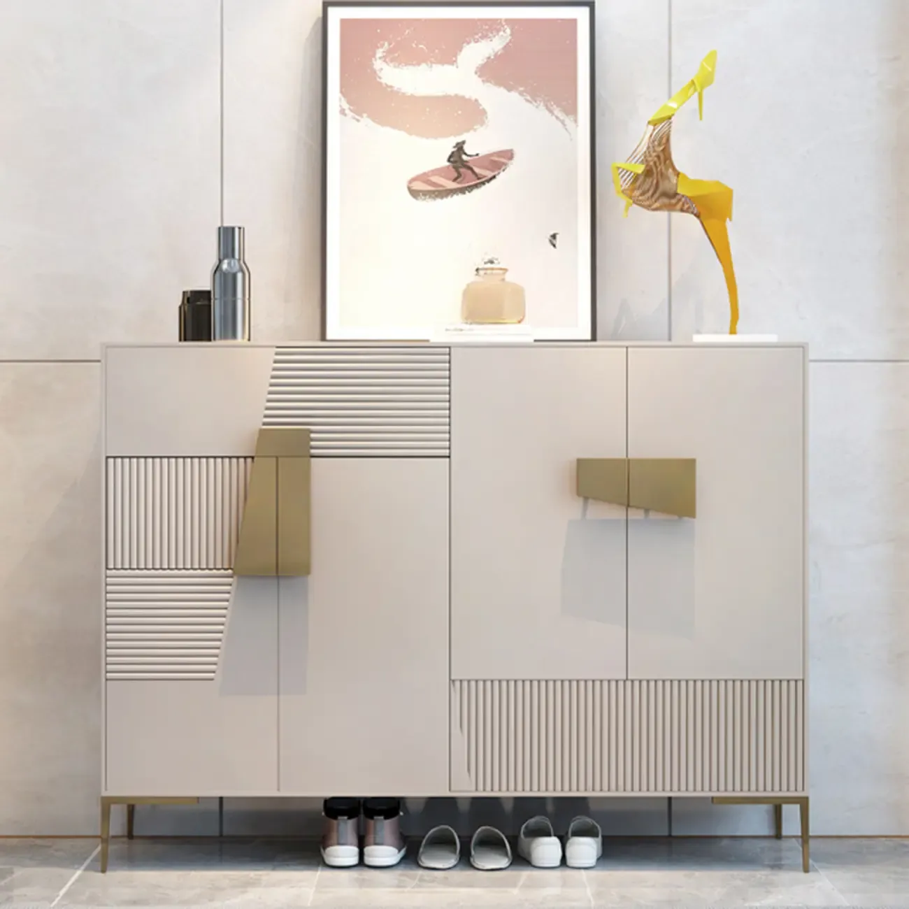 Elegant Fluted Entryway Shoe Cabinet with Drawer Image - 7