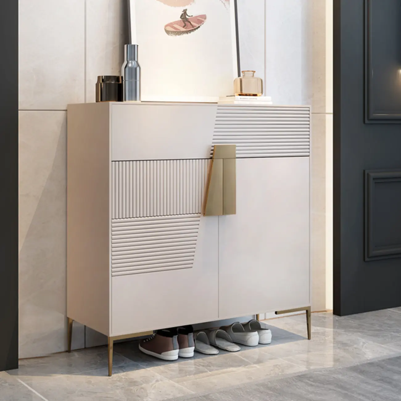 Elegant Fluted Entryway Shoe Cabinet with Drawer Image - 9 | homeyfad