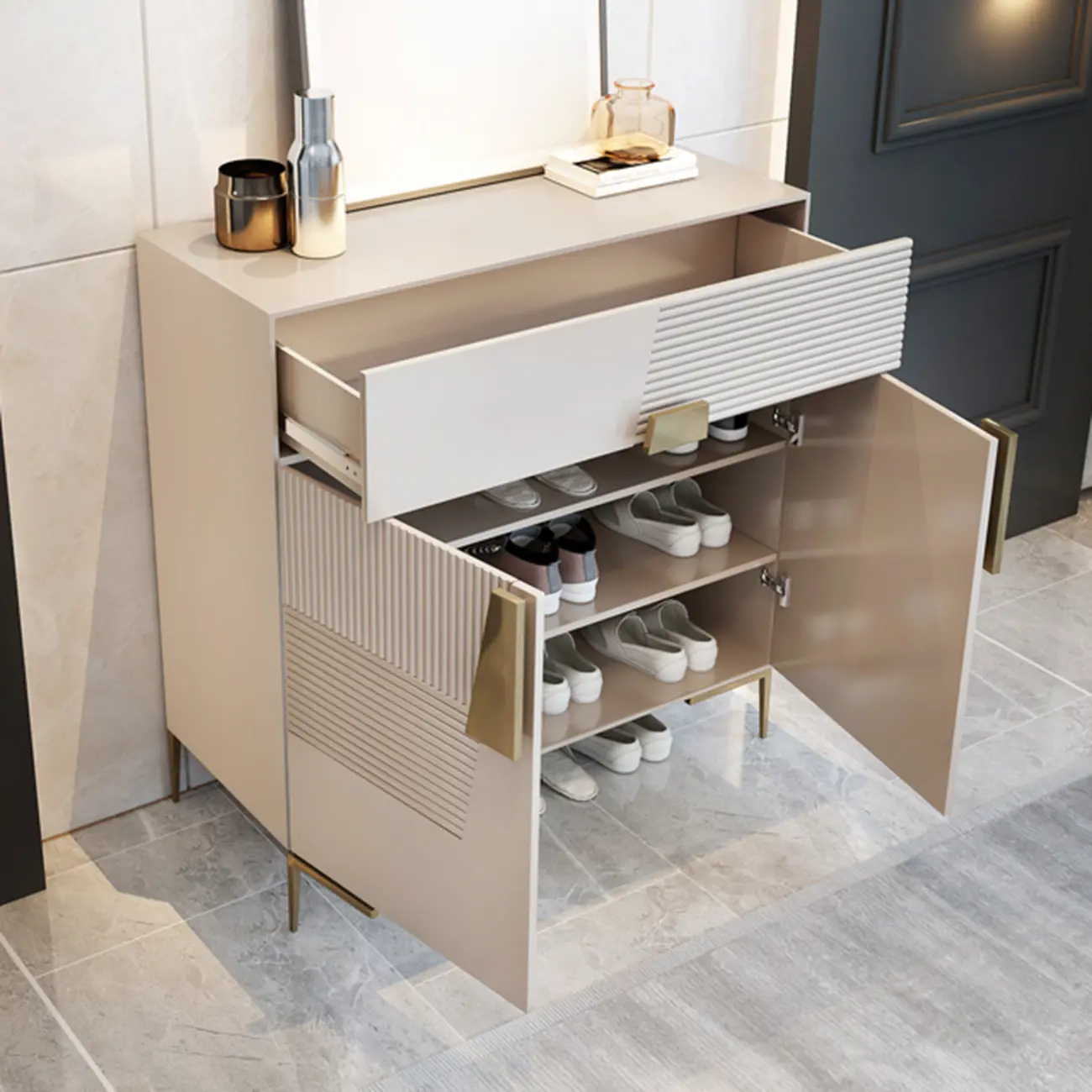 Elegant Fluted Entryway Shoe Cabinet with Drawer Image - 11 | homeyfad