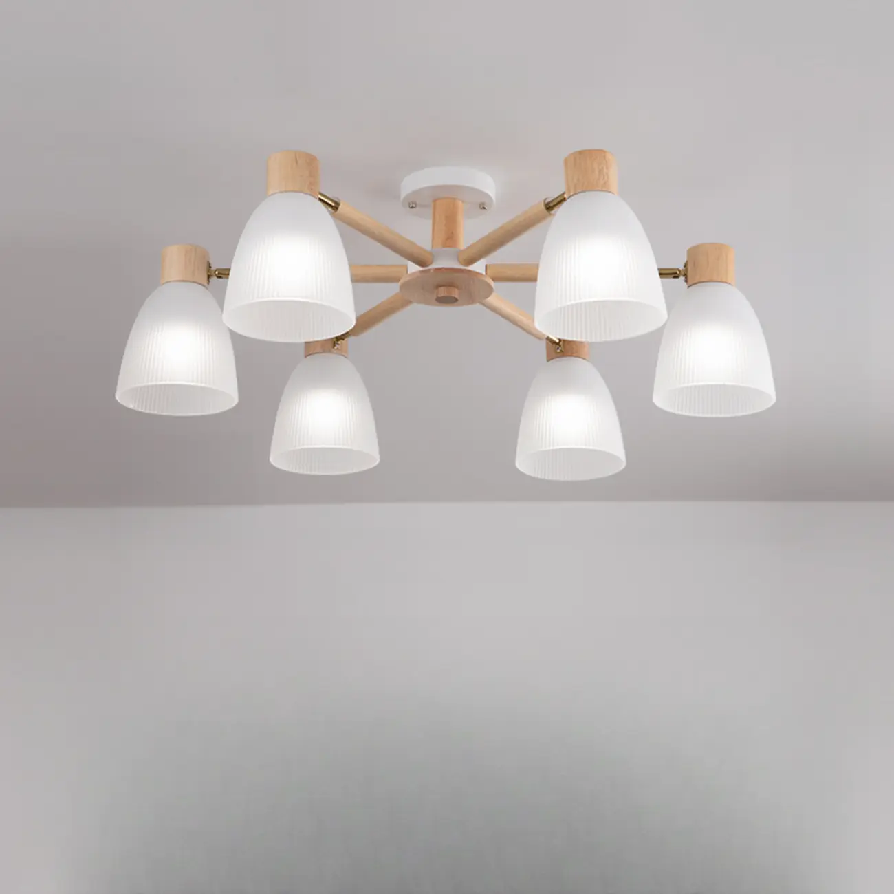 Natural Wood Semi Flush Ceiling Light Geometric Glass Shade | homeyfad