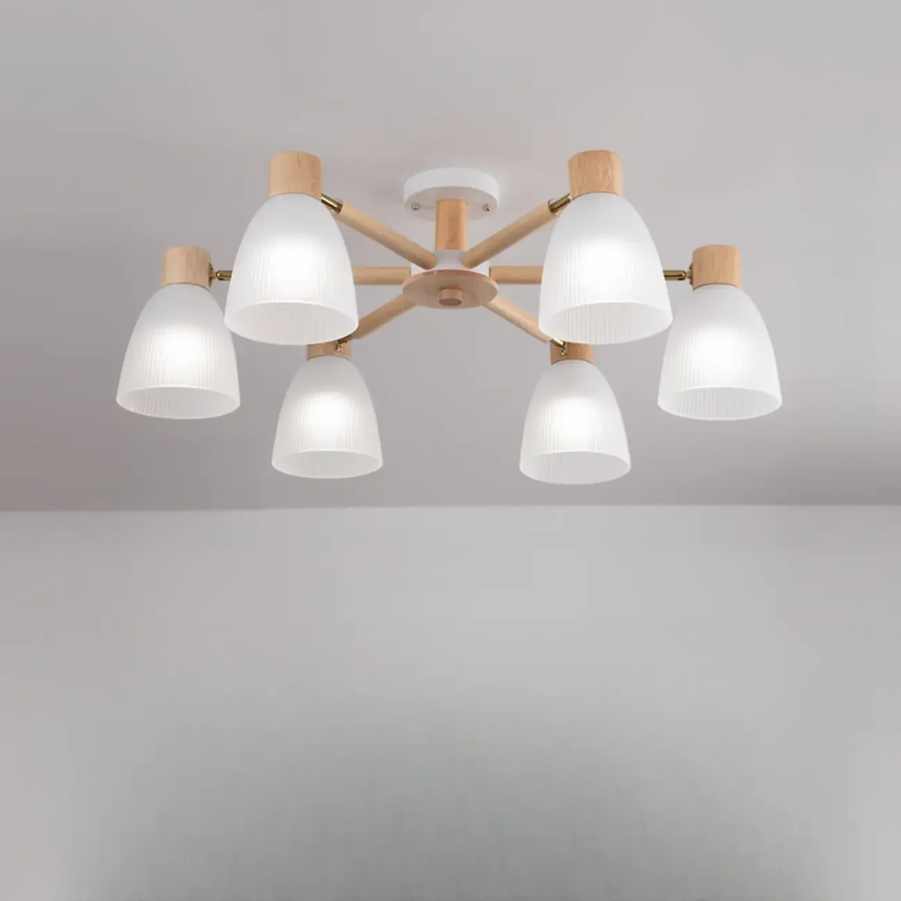Natural Wood Semi Flush Ceiling Light Geometric Glass Shade