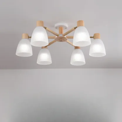 Natural Wood Semi Flush Ceiling Light Geometric Glass Shade