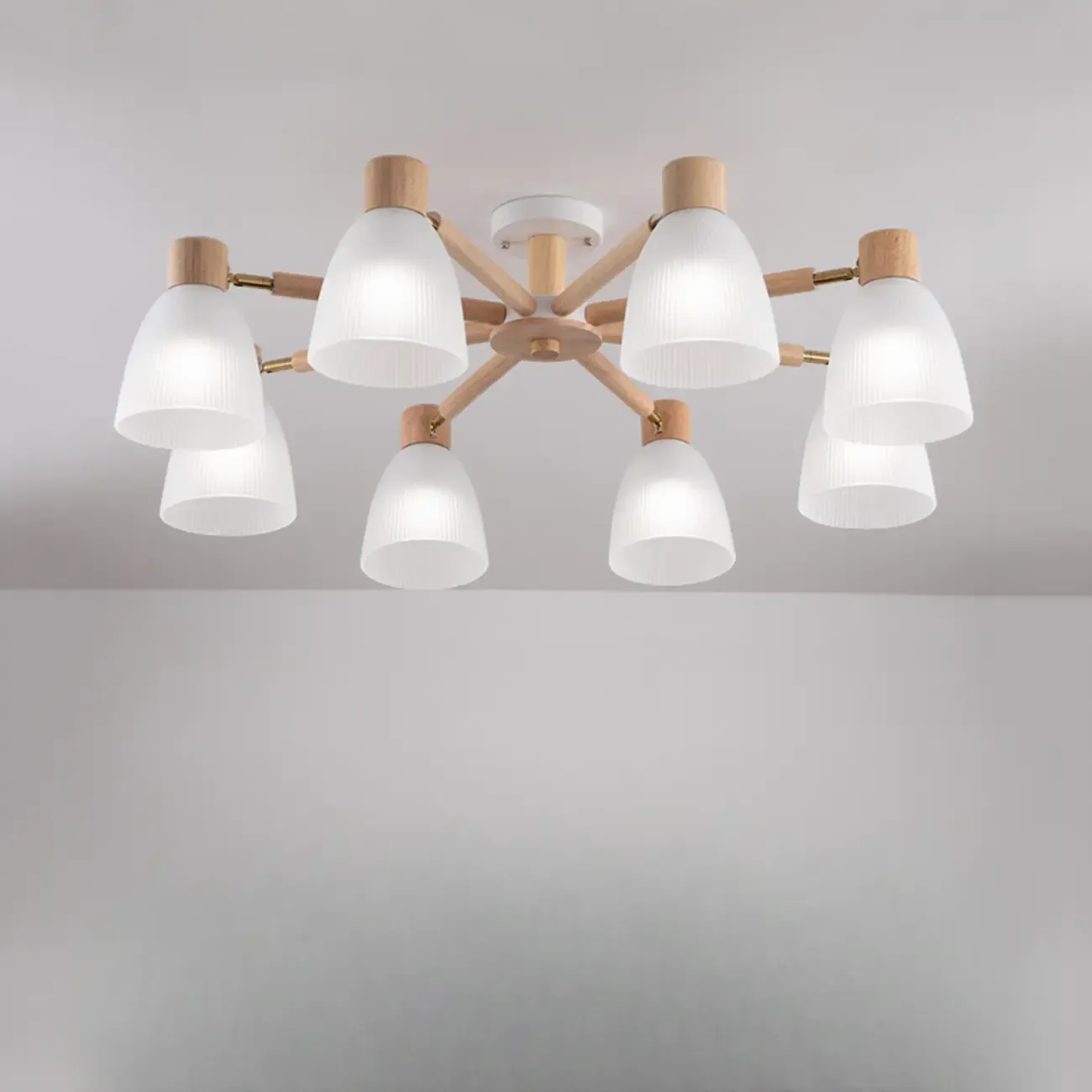 Natural Wood Semi Flush Ceiling Light Geometric Glass Shade
