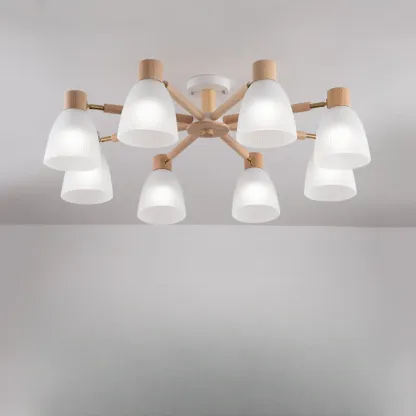 Natural Wood Semi Flush Ceiling Light Geometric Glass Shade