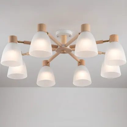 Natural Wood Semi Flush Ceiling Light Geometric Glass Shade