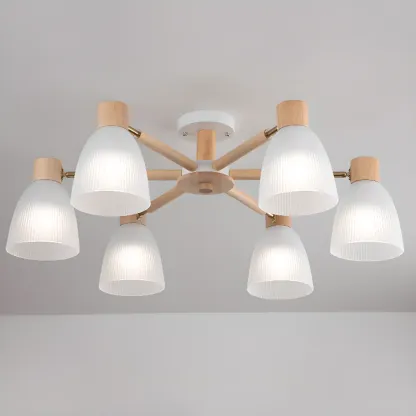Natural Wood Semi Flush Ceiling Light Geometric Glass Shade