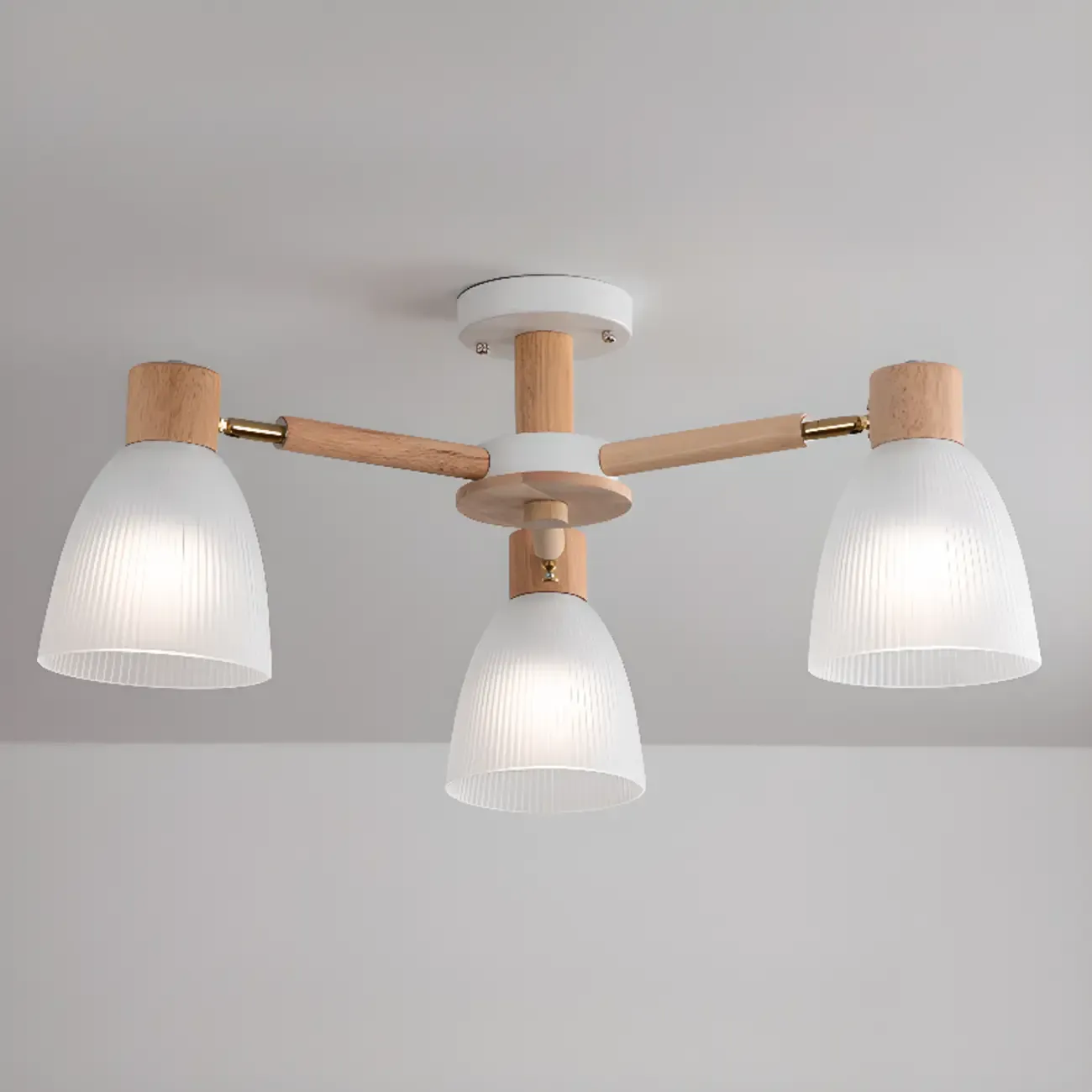Natural Wood Semi Flush Ceiling Light Geometric Glass Shade