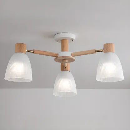 Natural Wood Semi Flush Ceiling Light Geometric Glass Shade