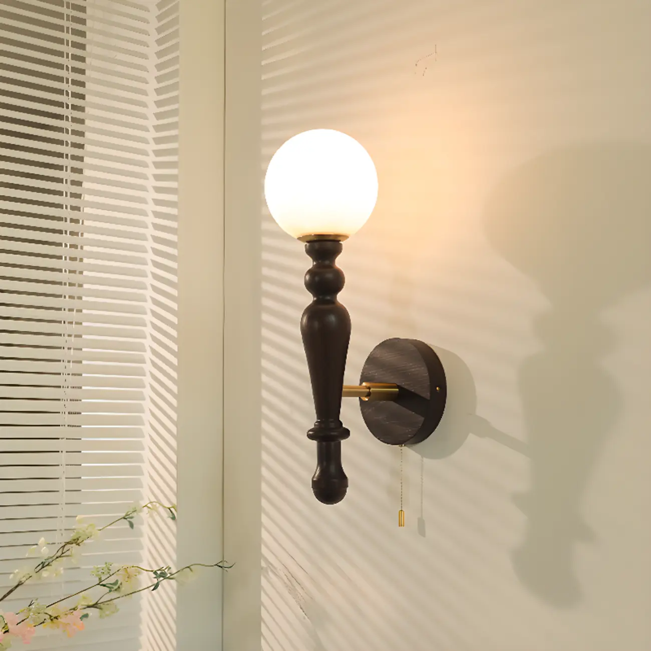 Retro Wood Wall Sconce with Ball Shade and Pull Chain Image - 1 | homeyfad