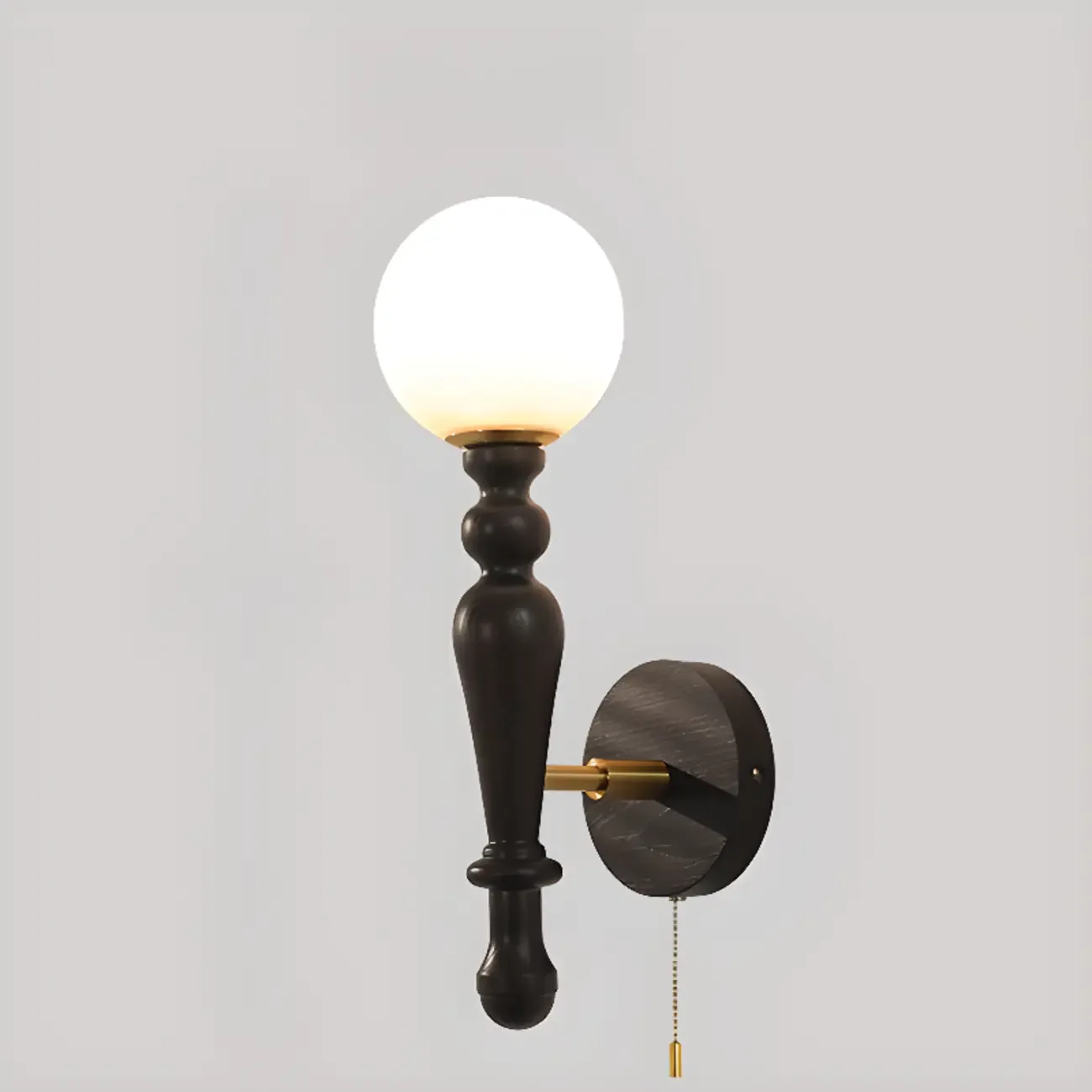 Retro Wood Wall Sconce with Ball Shade and Pull Chain Image - 5