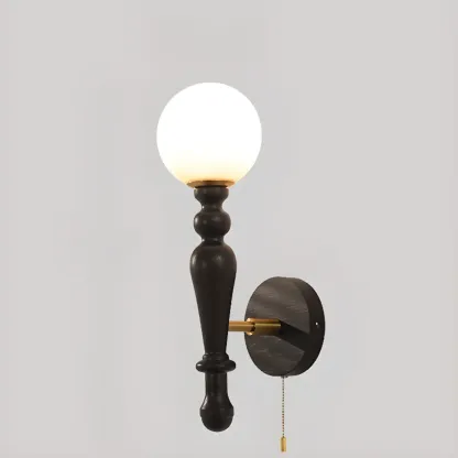 Retro Wood Wall Sconce with Ball Shade and Pull Chain Image - 5