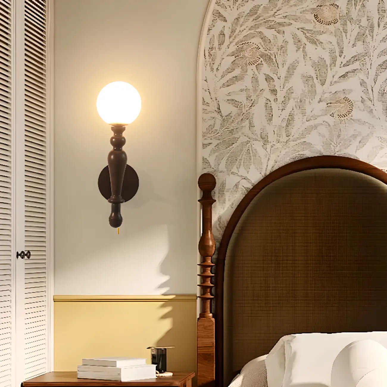 Retro Wood Wall Sconce with Ball Shade and Pull Chain Image - 3 | homeyfad