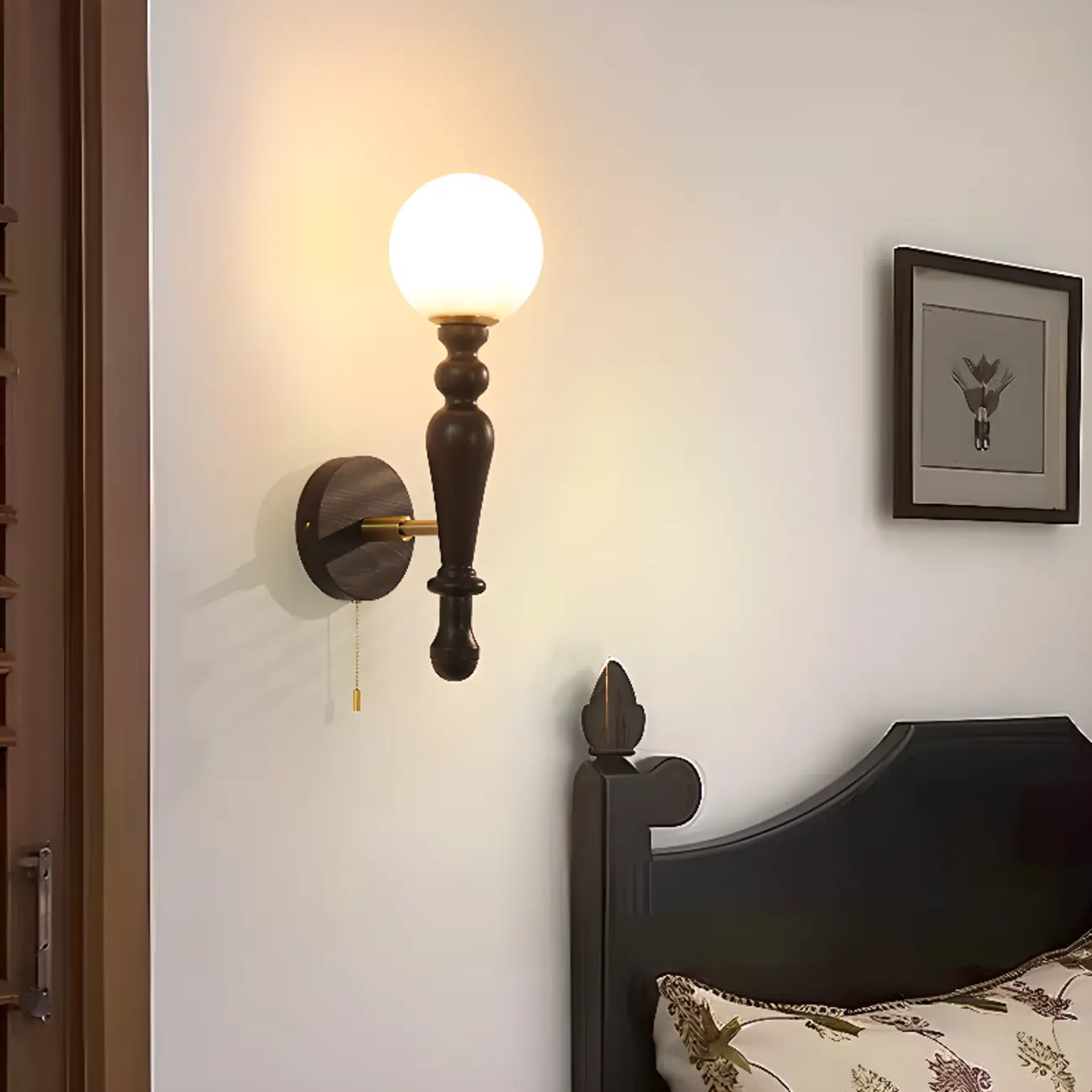 Retro Wood Wall Sconce with Ball Shade and Pull Chain Image - 4 | homeyfad