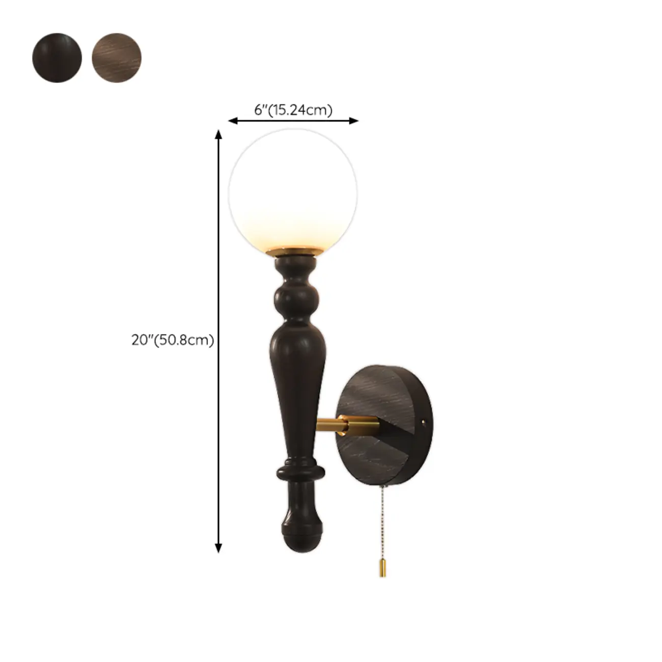 Retro Wood Wall Sconce with Ball Shade and Pull Chain #size | homeyfad