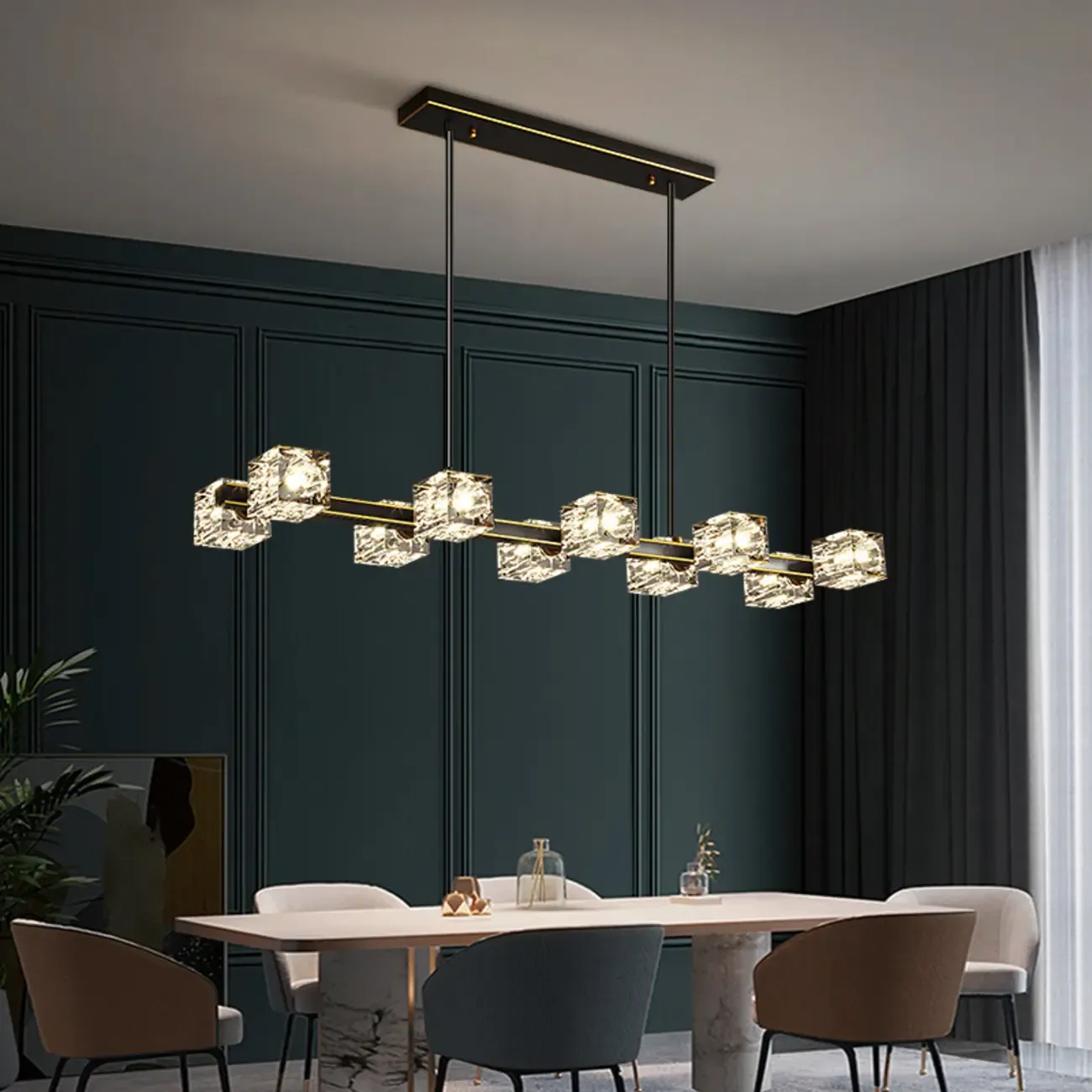 Glamorous Golden Square Crystal Island Pendant Light