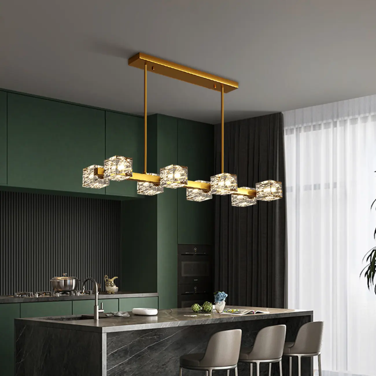 Glamorous Golden Square Crystal Island Pendant Light | homeyfad
