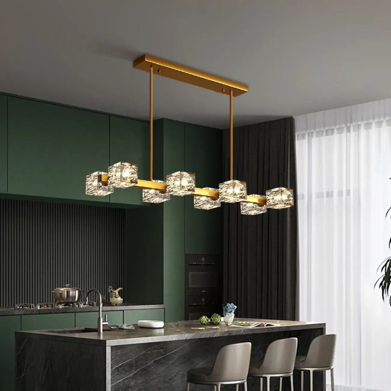 Glamorous Golden Square Crystal Island Pendant Light