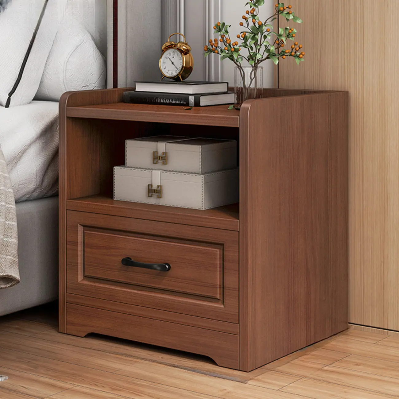 Small Wooden 1-Drawer Open Storage Nightstand Nut-Brown Image - 1 | homeyfad