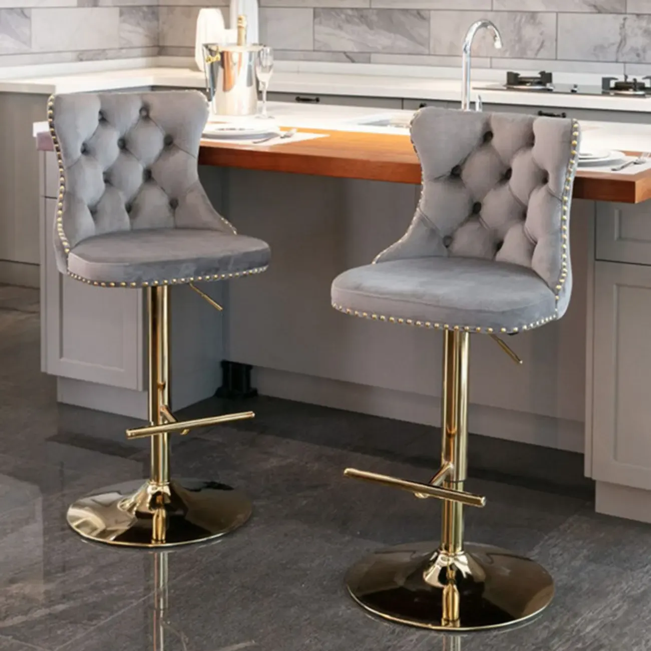 Glam Gold Tufted Cushioned Rotatable Bar Stools Image - 1