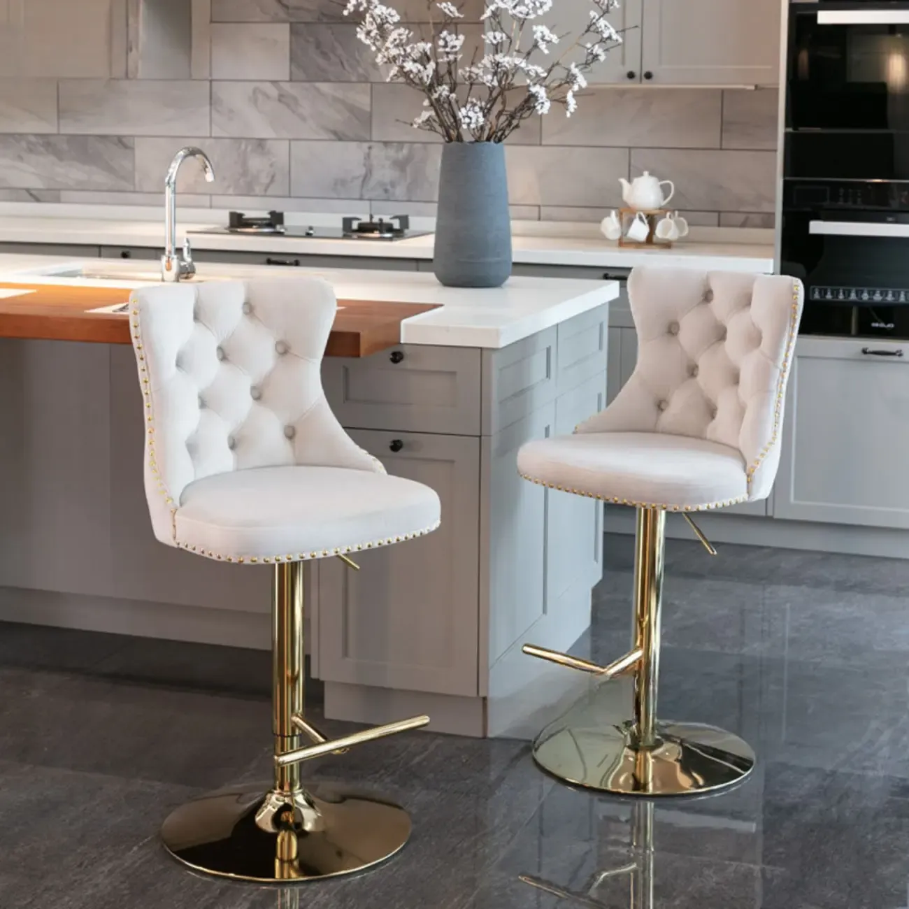 Glam Gold Tufted Cushioned Rotatable Bar Stools Image - 2