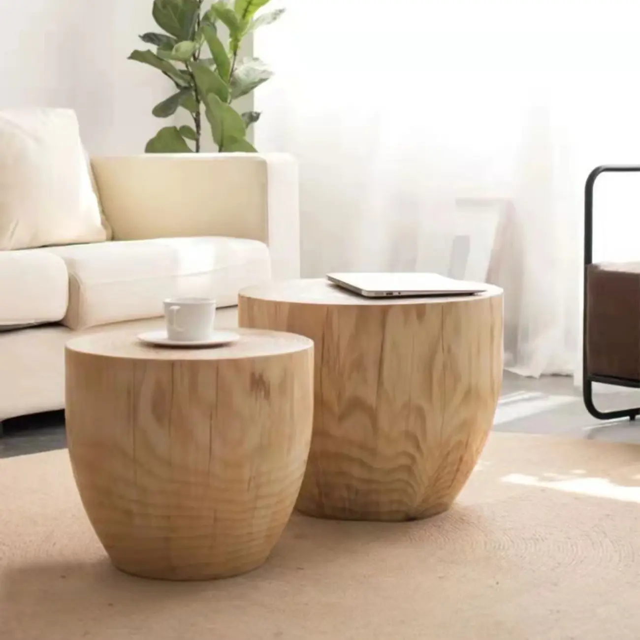 Natural Wood Drum-Shaped Nesting Chairside Table Image - 1 | homeyfad
