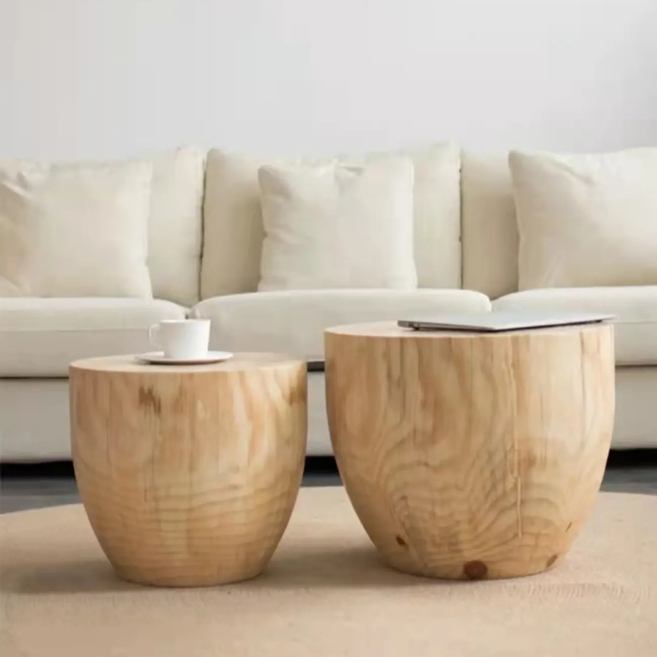 Natural Wood Drum-Shaped Nesting Chairside Table Image - 2 | homeyfad