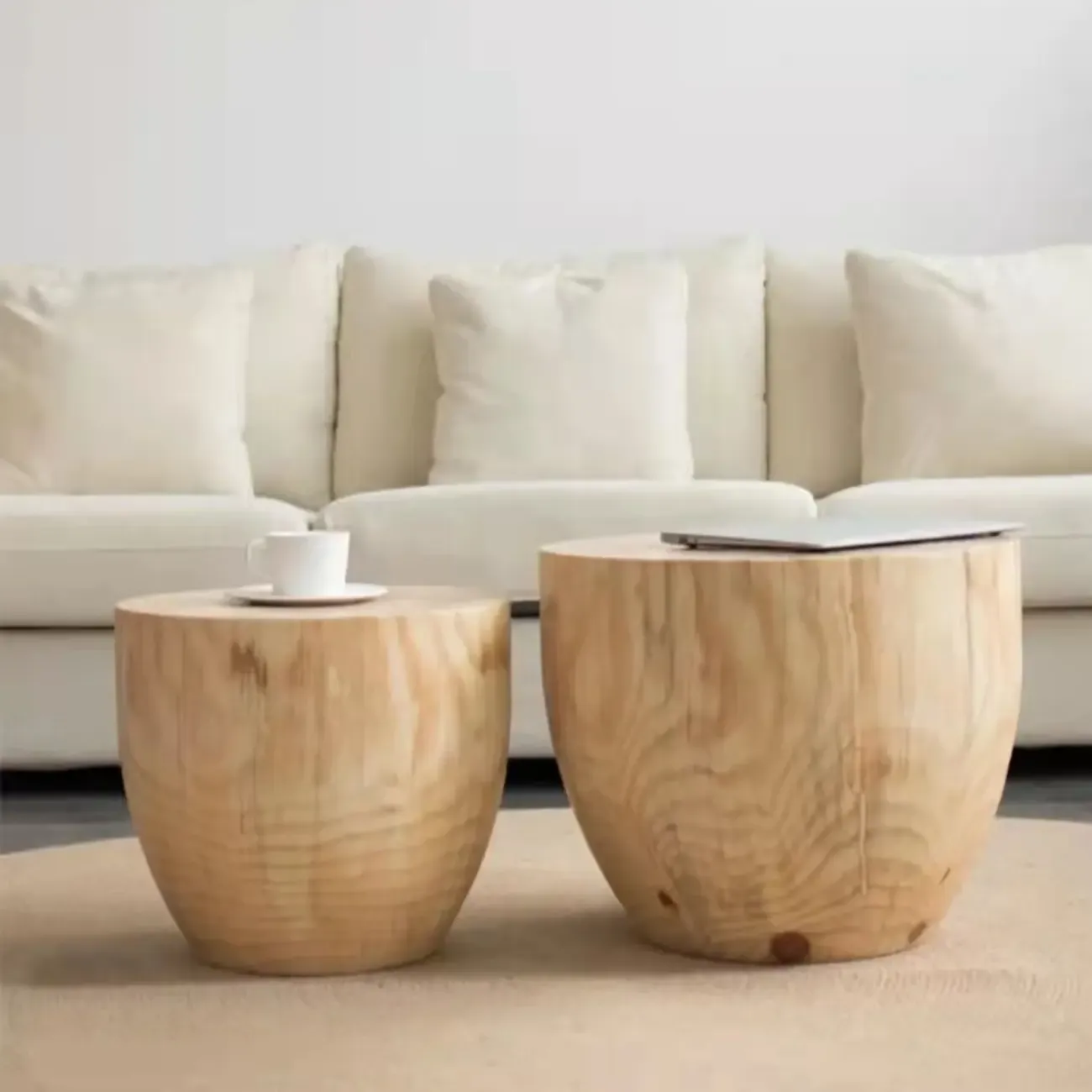 Natural Wood Drum-Shaped Nesting Chairside Table Image - 2