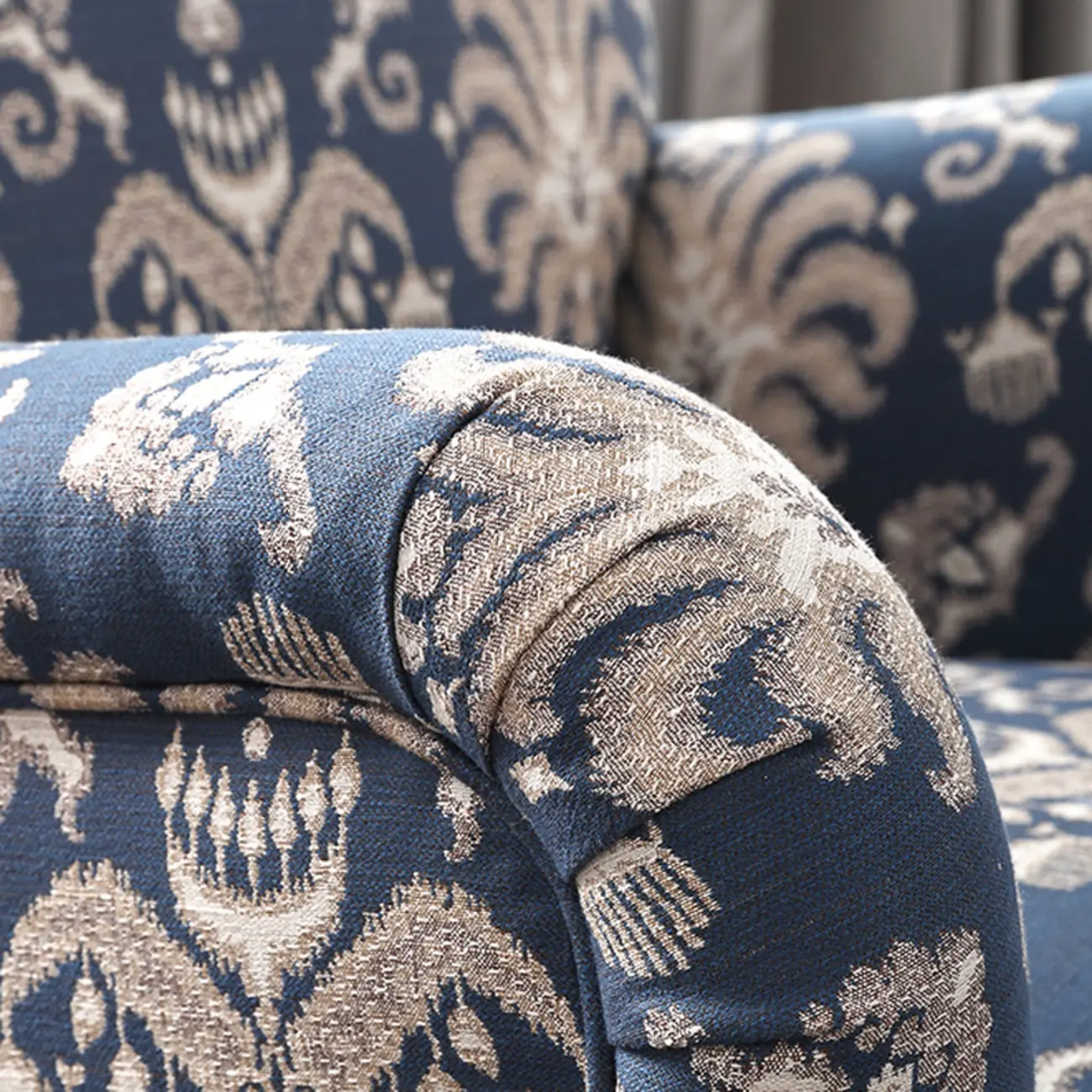 Striped Fabric Barrel Chair in Cerulean with Armrests | homeyfad