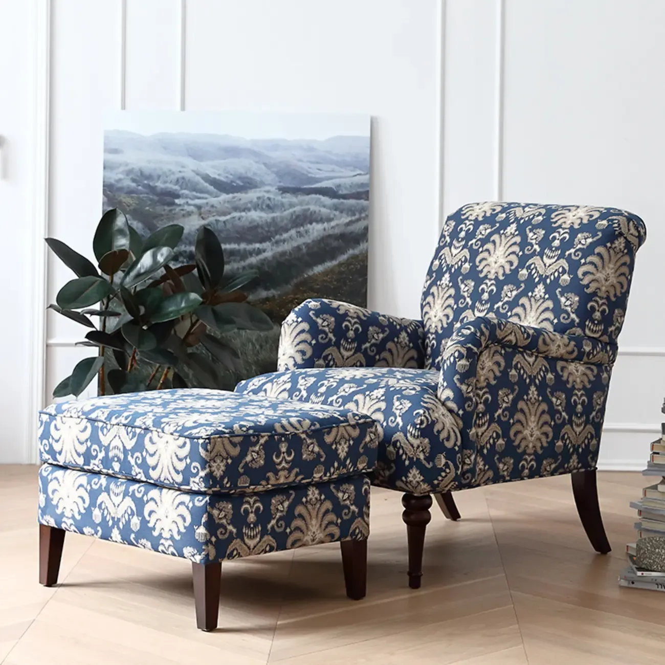 Striped Fabric Barrel Chair in Cerulean with Armrests