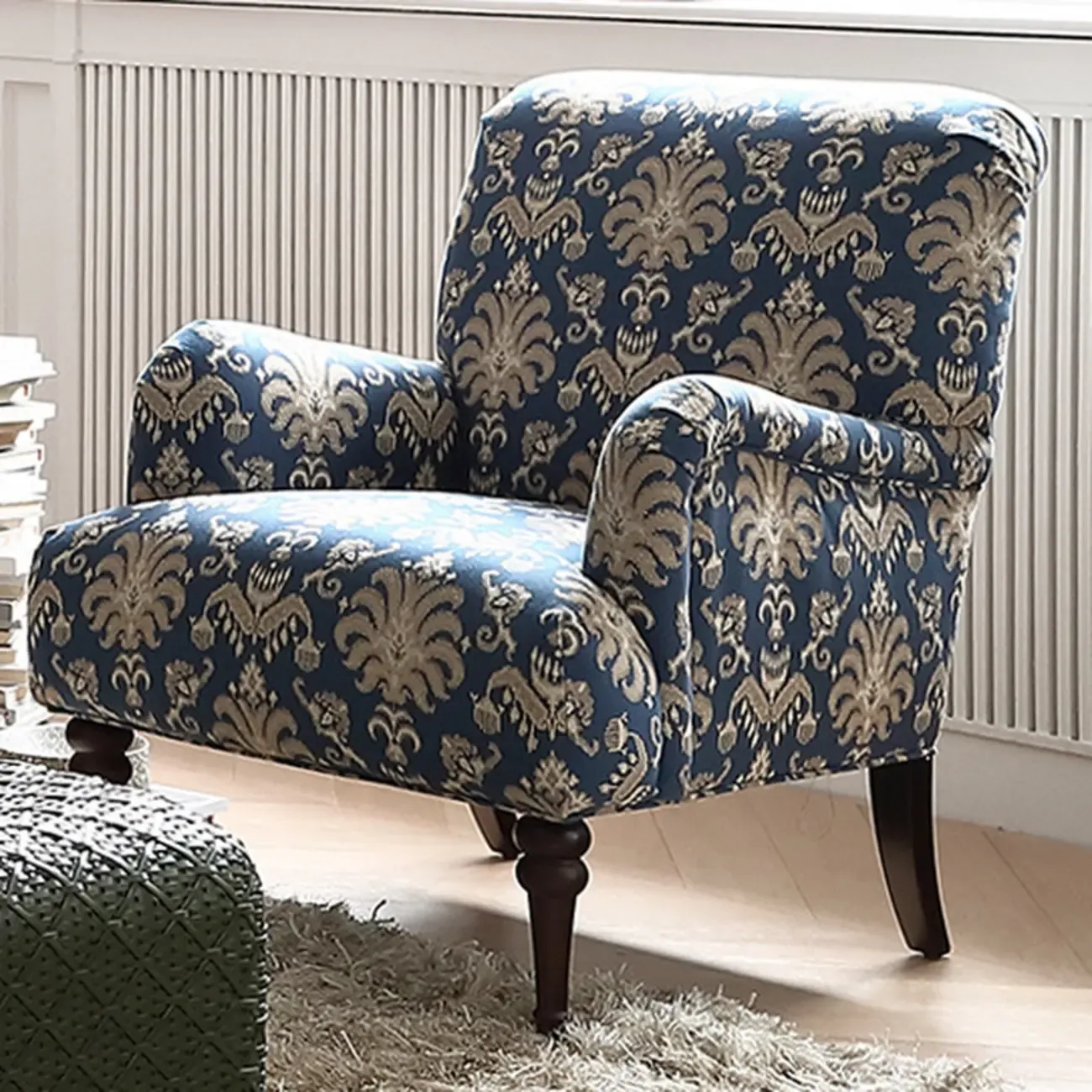 Striped Fabric Barrel Chair in Cerulean with Armrests