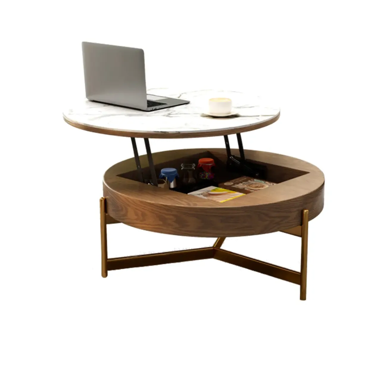 Natural Round Lift-Top Stone Wood Coffee Table with Storage Image - 6