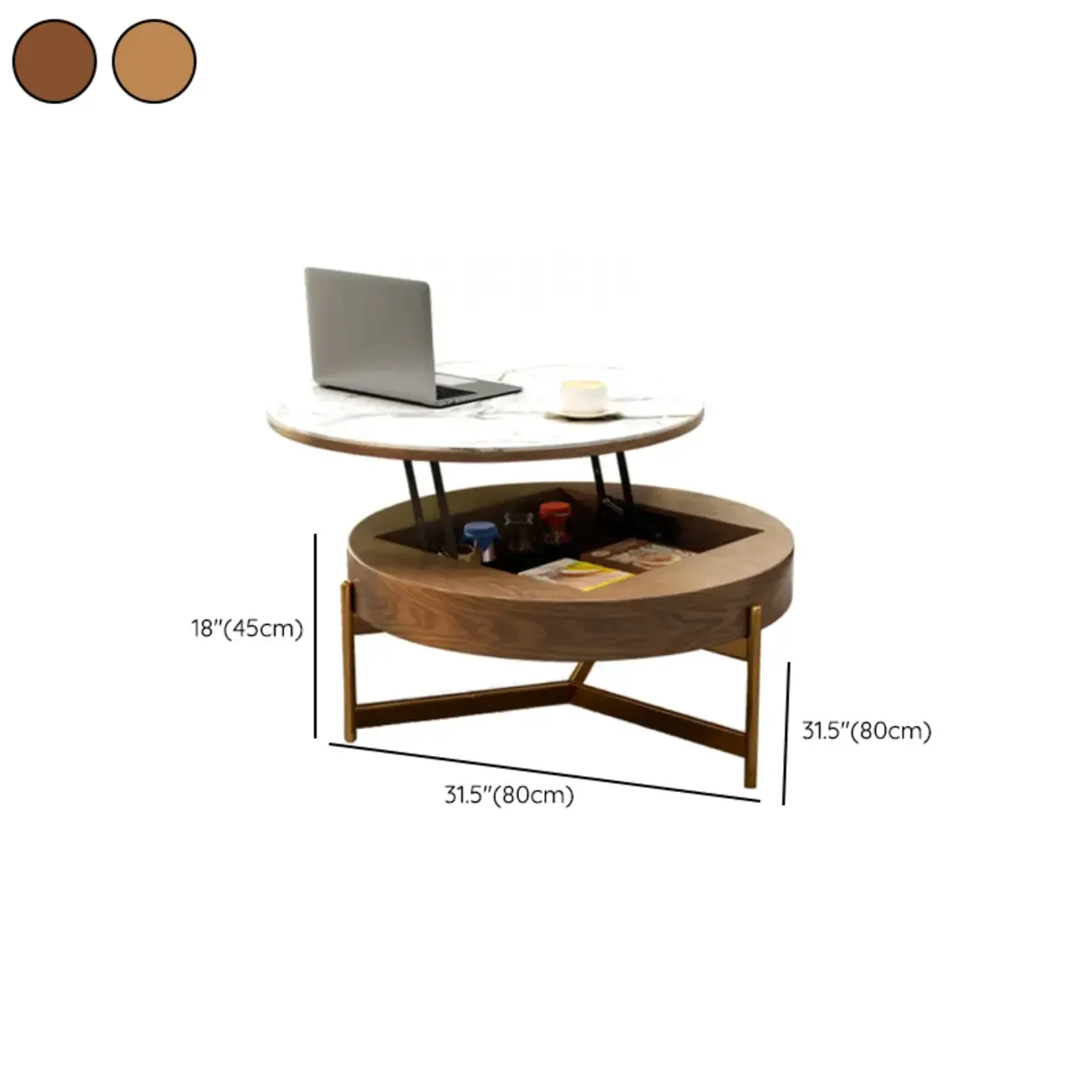 Natural Round Lift-Top Stone Wood Coffee Table with Storage #size